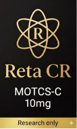 Etiqueta negra y dorada Reta CR MOTS-C 10 mg, uso exclusivo para investigación
