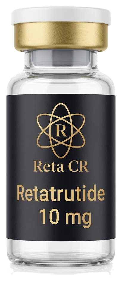 Frasco negro y dorado Reta CR Retatrutide 10 mg, uso exclusivo para investigación